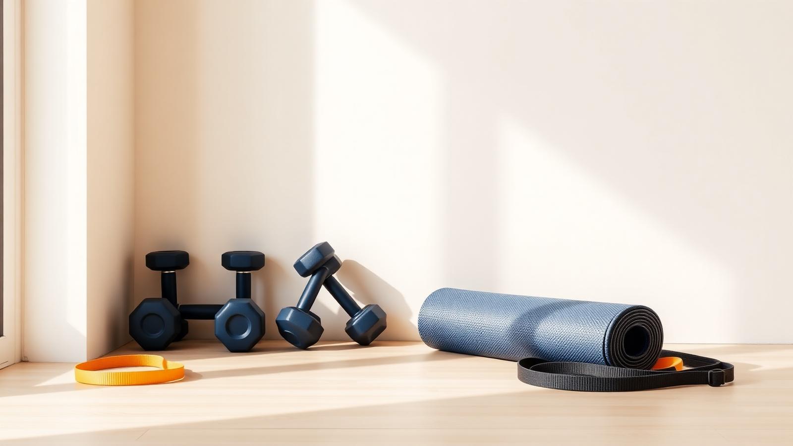 Minimal home gym corner with dumbbells, mat and bands